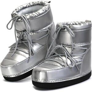 Women's Silver Winter Snow Boots Anti-Slip Lace-up Ankle Booties with Lining